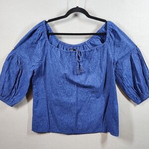 Lauren Ralph Lauren Blouse Womens Large Blue‎ Jacquard Peasant Top Boho NWT $165